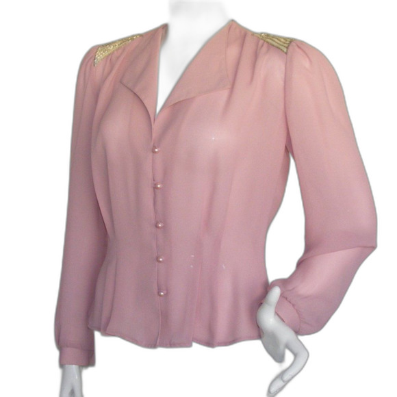Vintage Blouse, M, Pink, Sequin statement Shoulders, Long sleeve, button front - Picture 3 of 11